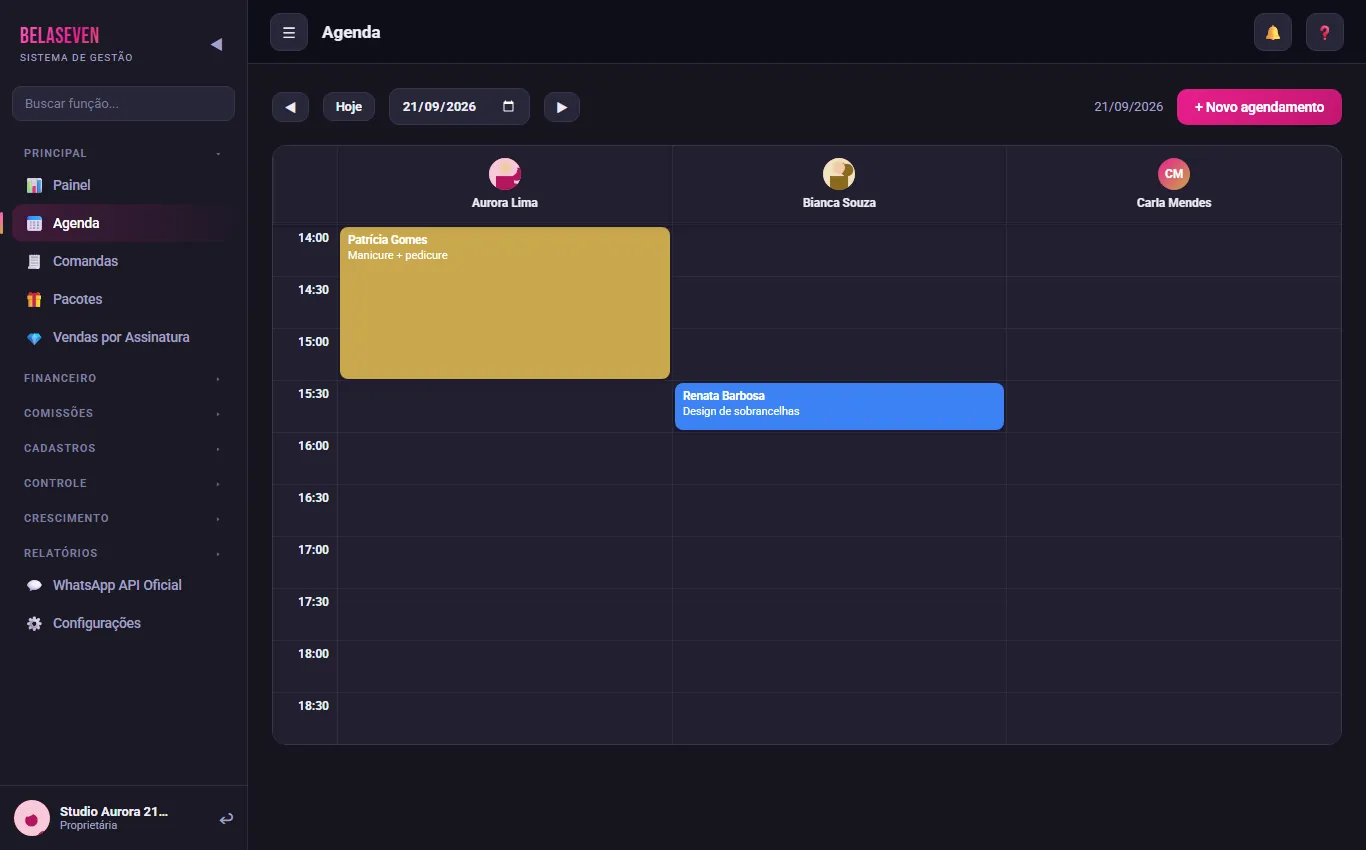 Agenda do BelaSeven no computador, com horários por profissional