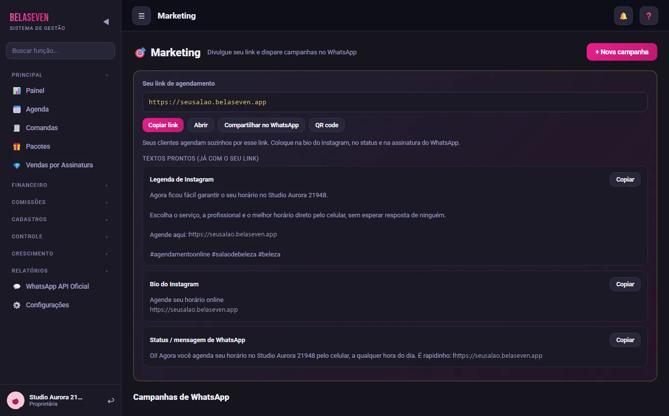 Tela do BelaSeven com o link de agendamento do salão e textos prontos para Instagram e WhatsApp