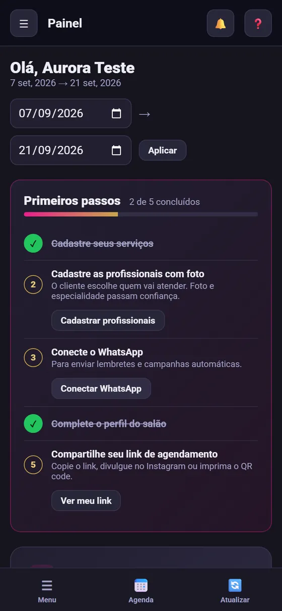 Painel do BelaSeven no celular com os primeiros passos de configuração